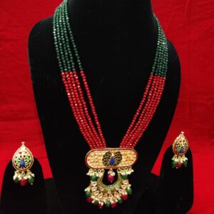 MEENAKARI KUNDAN ROYAL PEACOCK DESIGN RED GREEN NECKLACE SET
