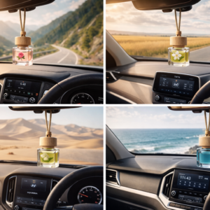 four images of scented car diffusers hanging inside a car